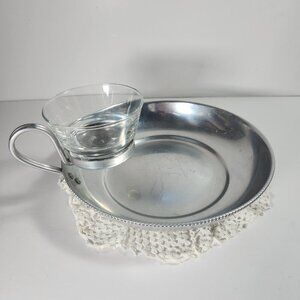 Chip and Dip Dish Beaded Rim Aluminium with Glass Bowl Serving Tray B W Buenilum